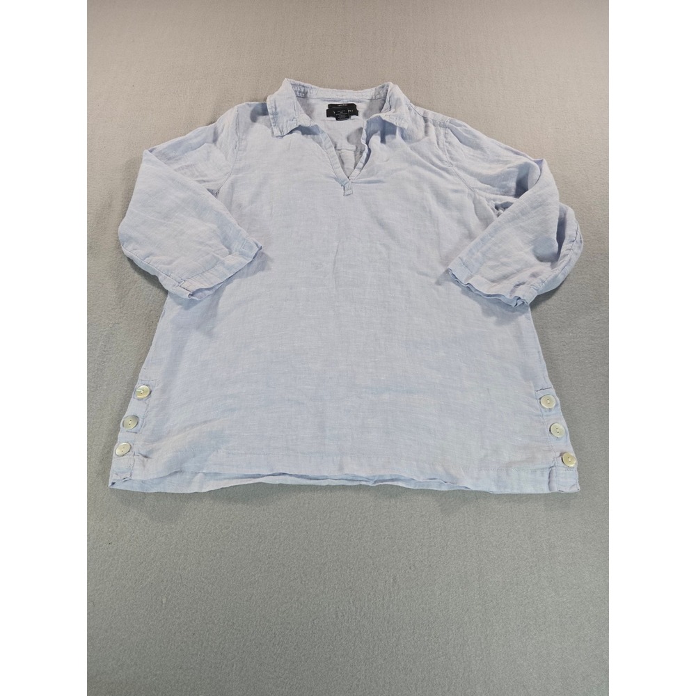 Tahari Tunic Top Womens Large Light Blue 100% Linen 3/4 Sleeve Side Button Boho